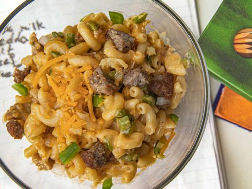 Microwave Mac and Cheese with Philly Meatballs