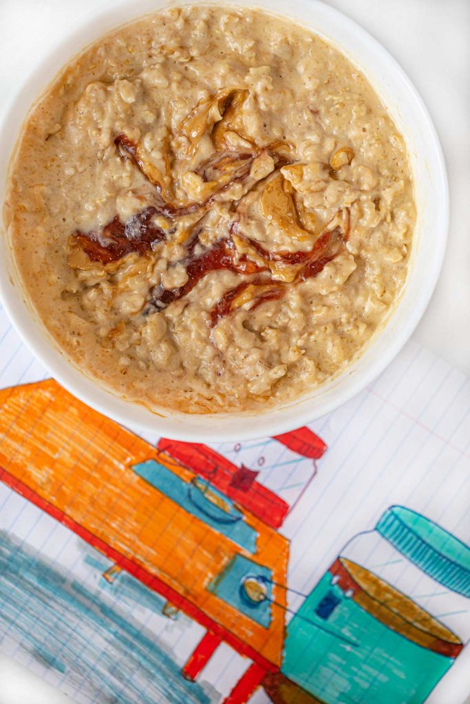 Peanut Butter and Jelly Oatmeal in a microwave