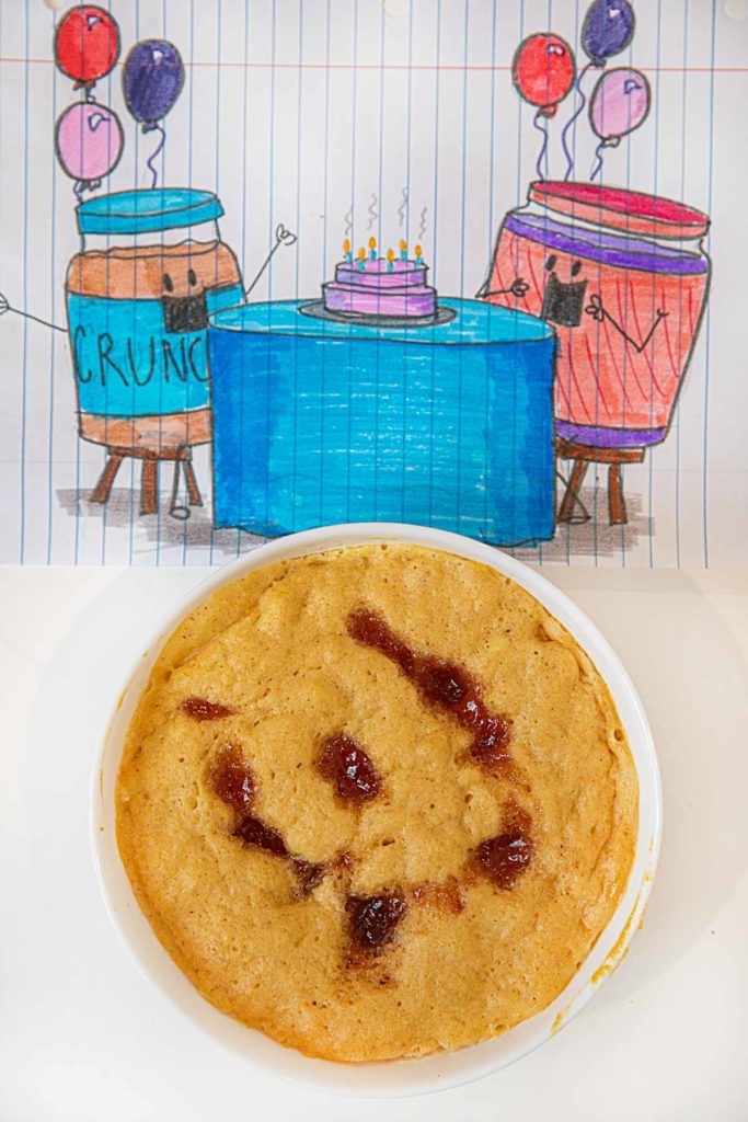 Microwave Peanut Butter Cake with Strawberry Jam in a Cereal Bowl