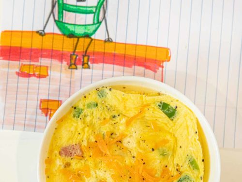 Microwave Omelette with eggs, cheese, ham and bell peppers