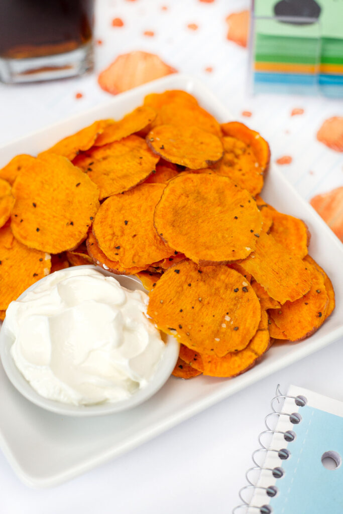 Sweet Potato Chips on plate with dip