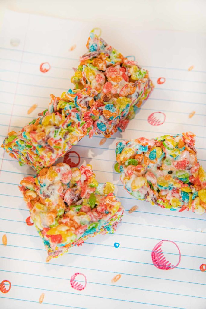 Microwave Fruity Pebbles Treats cut into squares