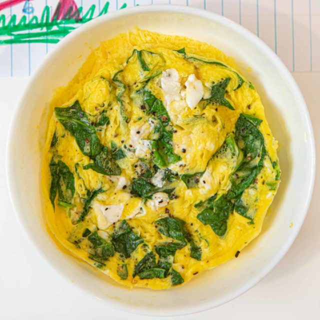 Microwave Spinach Feta Omelette in cereal bowl