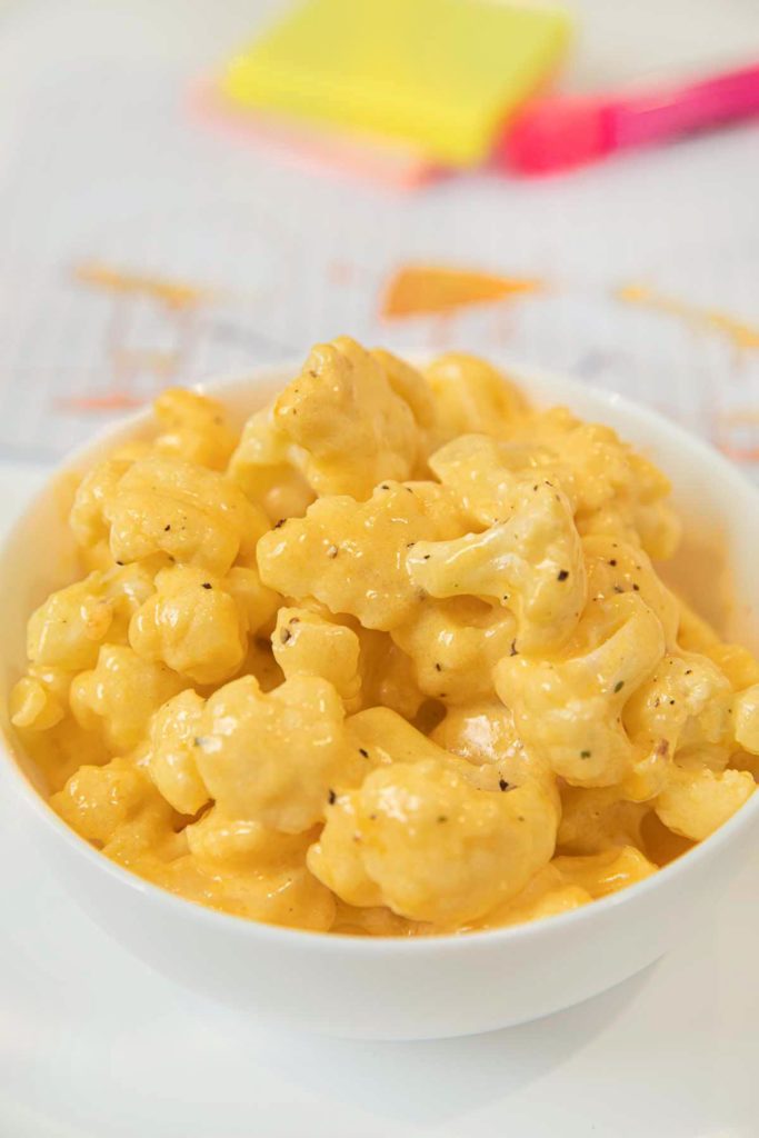 Microwave Cauliflower "Mac" and Cheese in a white cereal bowl