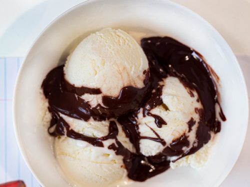 Microwave Chocolate Sauce on ice cream in bowl