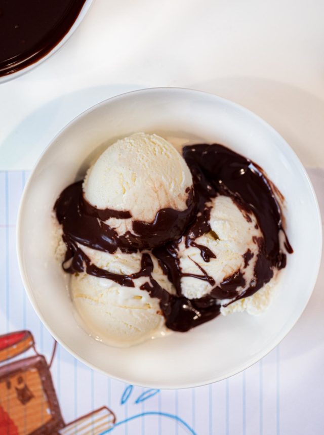 Microwave Chocolate Sauce on ice cream in bowl