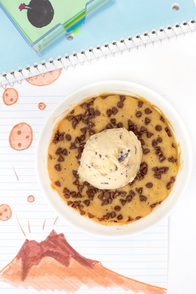 Microwave Molten Chocolate Chip Cookie in bowl topped with ice cream